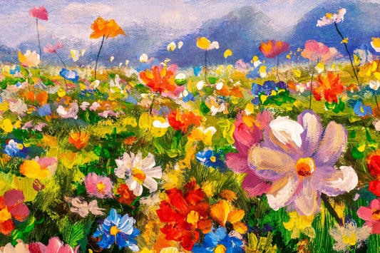 Custom Hand Painted "Flowers by the Mountain" Oil on Canvas Original Art, Canvas Wall Art - Wrapped Canvas Painting