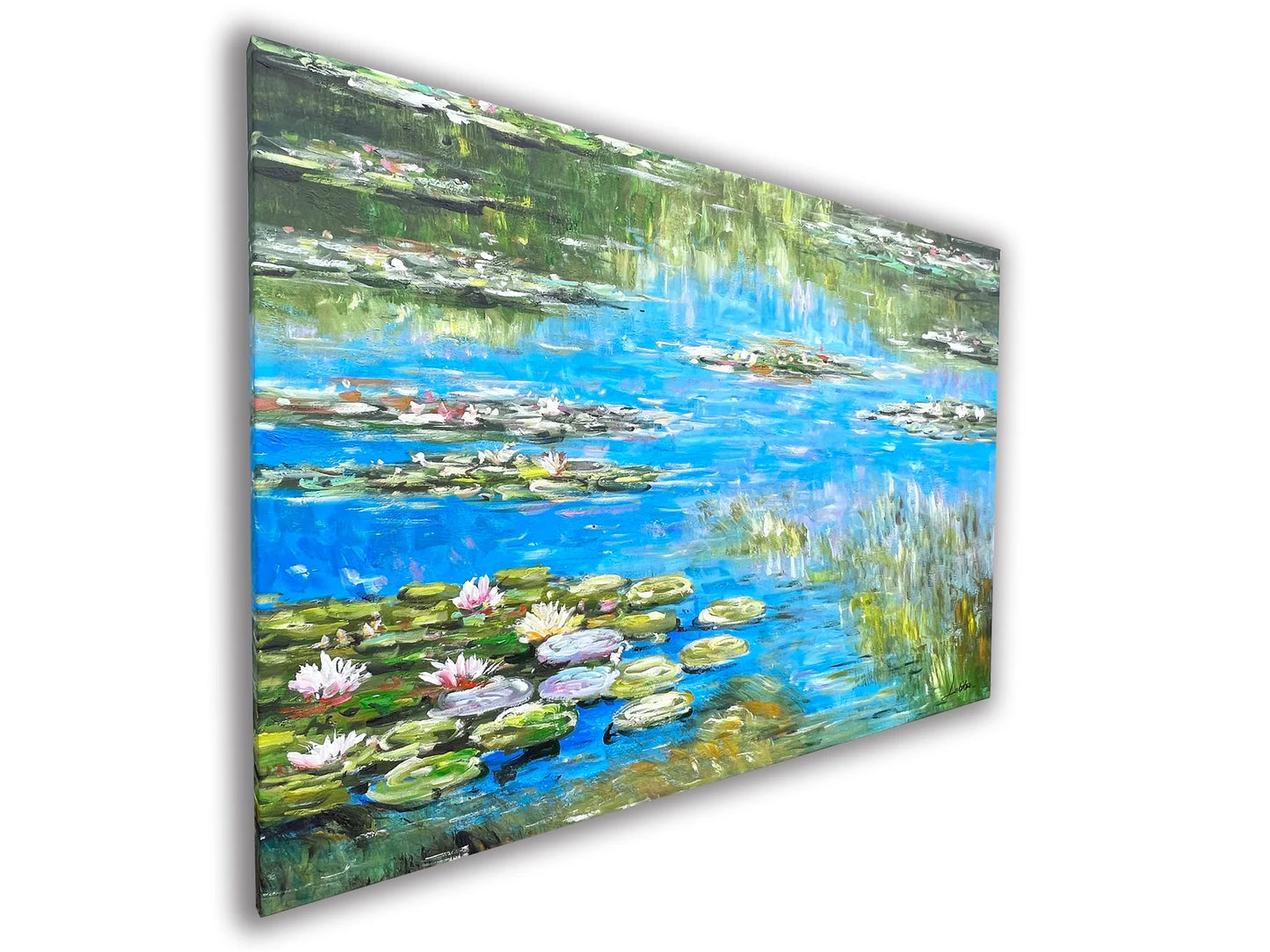 Modern Oil Painting "Serene Summer Reflections" - Impressionist Hand-Painted Water Lilies, Canvas wall art - Wrapped Canvas Painting