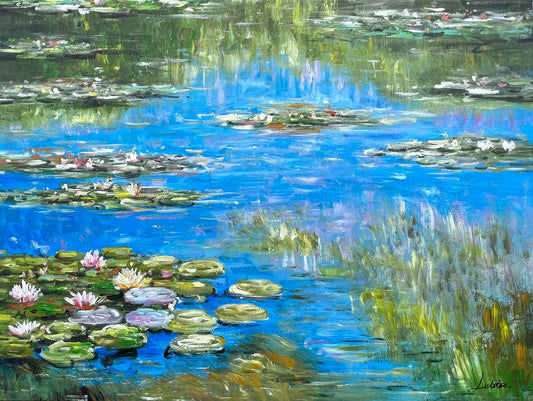 Modern Oil Painting "Serene Summer Reflections" - Impressionist Hand-Painted Water Lilies, Canvas wall art - Wrapped Canvas Painting