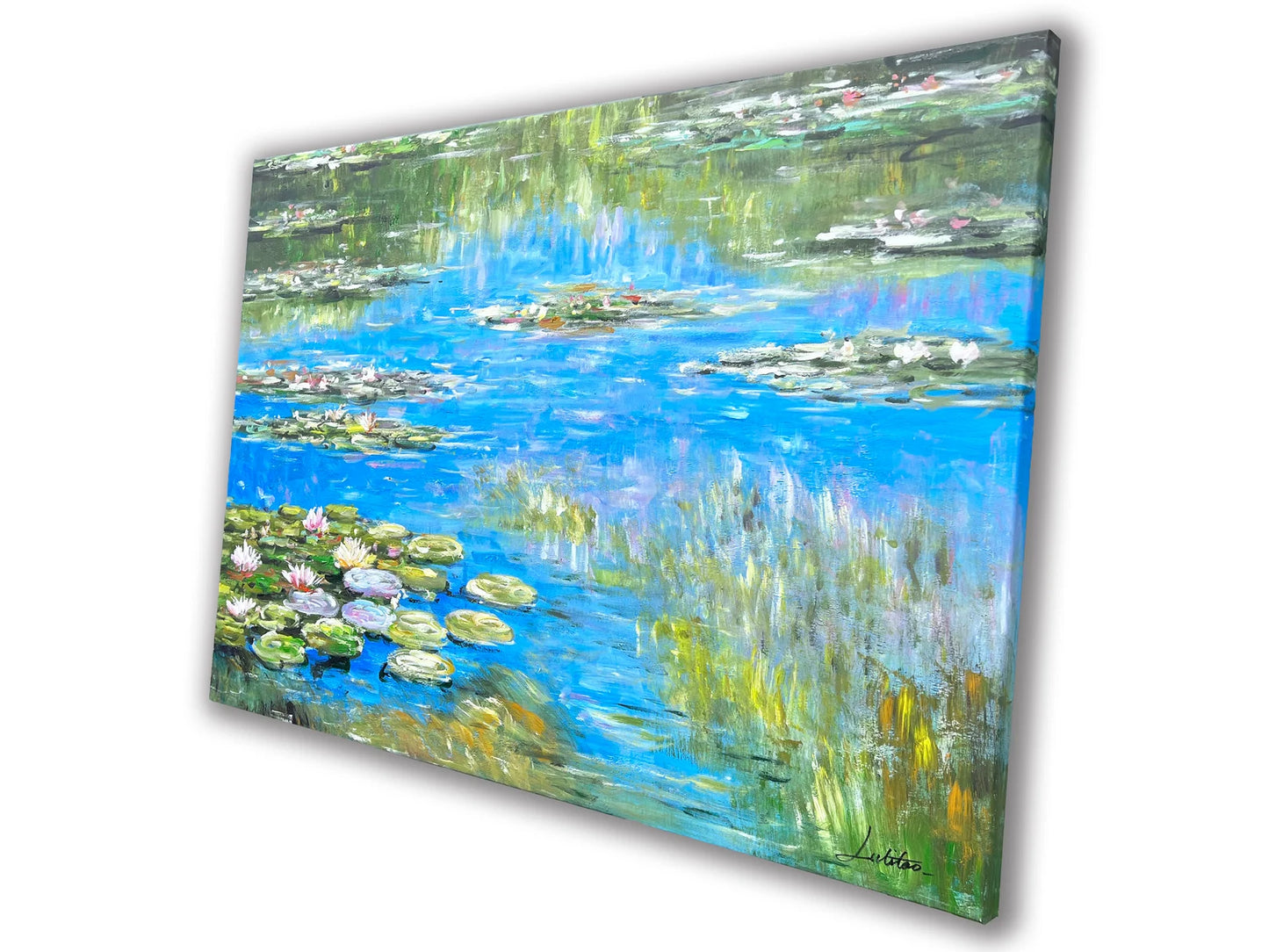 Modern Oil Painting "Serene Summer Reflections" - Impressionist Hand-Painted Water Lilies, Canvas wall art - Wrapped Canvas Painting