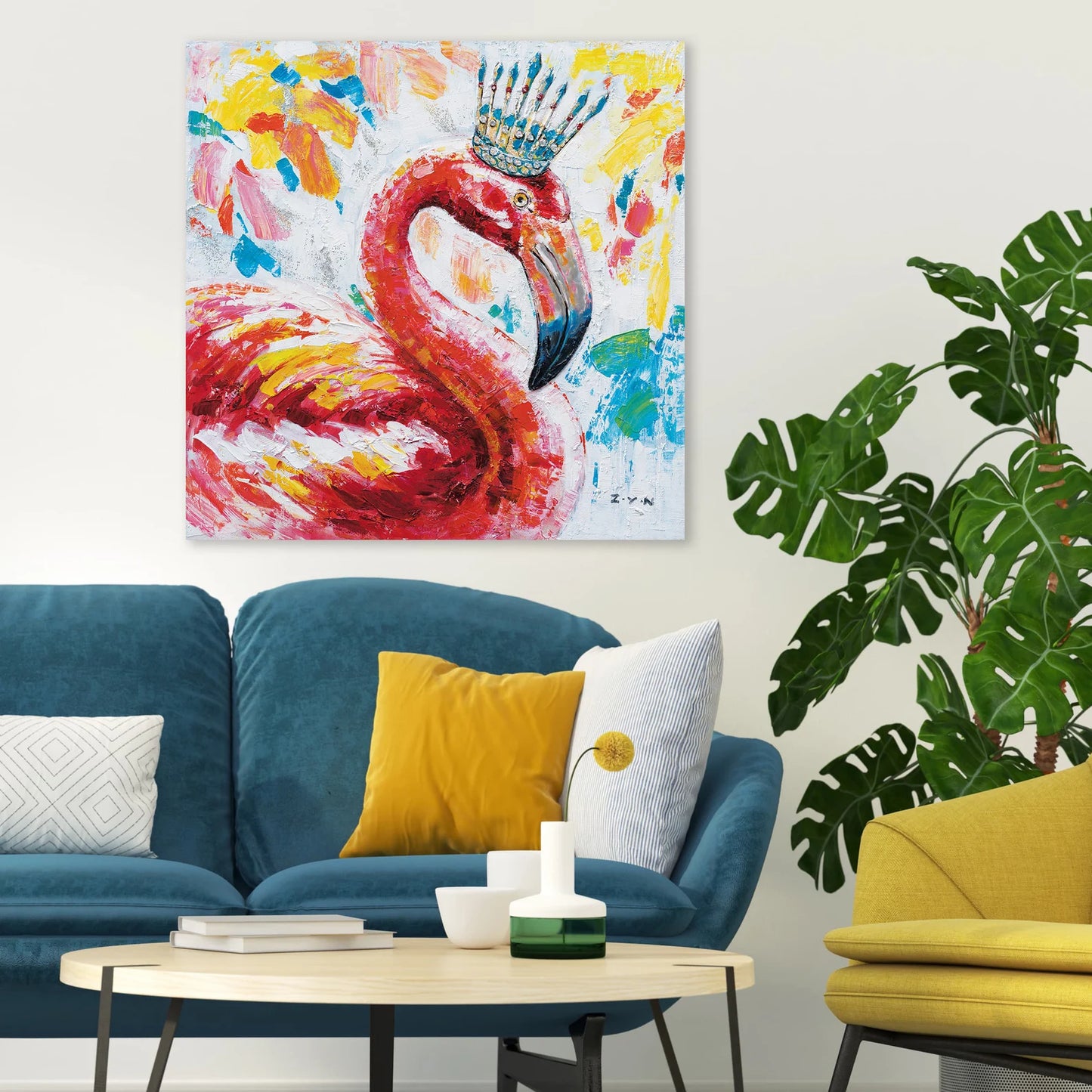 Original Art "Regal Flamingo" - Vibrant Crowned Bird Impasto Painting, Whimsical Wildlife Art, Colorful Tropical Decor Canvas