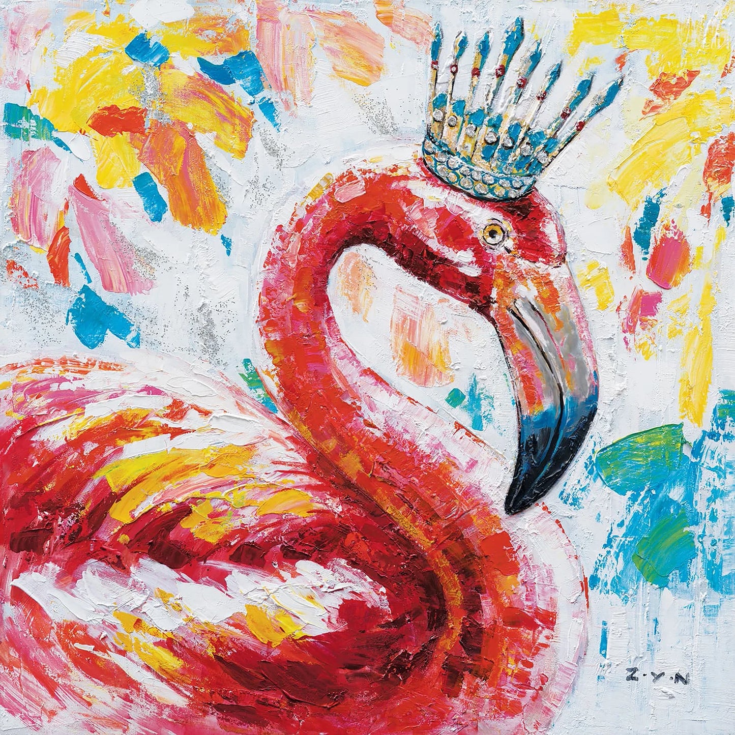 Original Art "Regal Flamingo" - Vibrant Crowned Bird Impasto Painting, Whimsical Wildlife Art, Colorful Tropical Decor Canvas