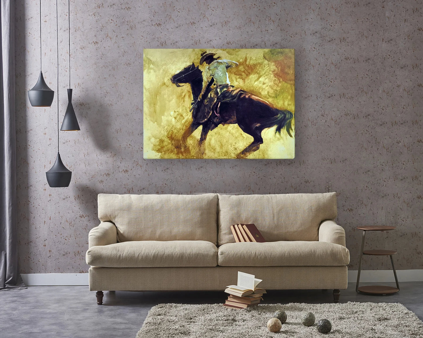 Original "A Cowboy on Horseback" hand painted artwork, living room, bedroom, foyer, bar or office - Framed canvas painting