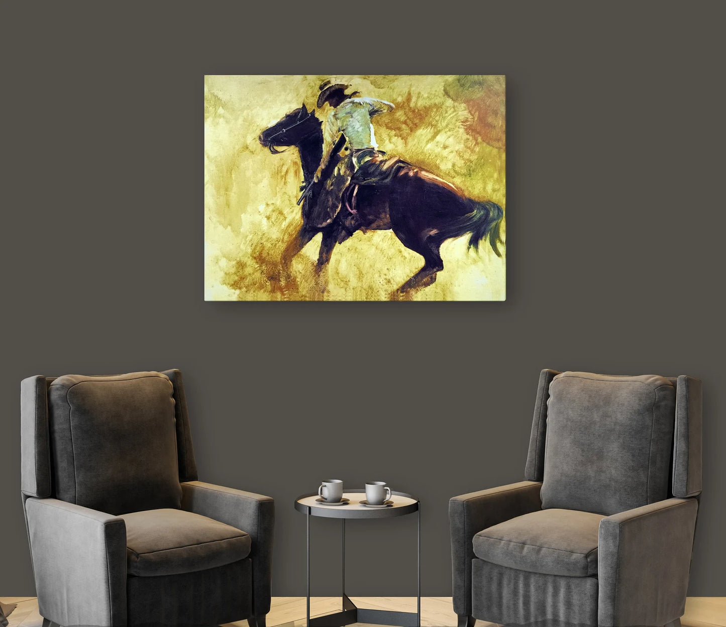 Original "A Cowboy on Horseback" hand painted artwork, living room, bedroom, foyer, bar or office - Framed canvas painting