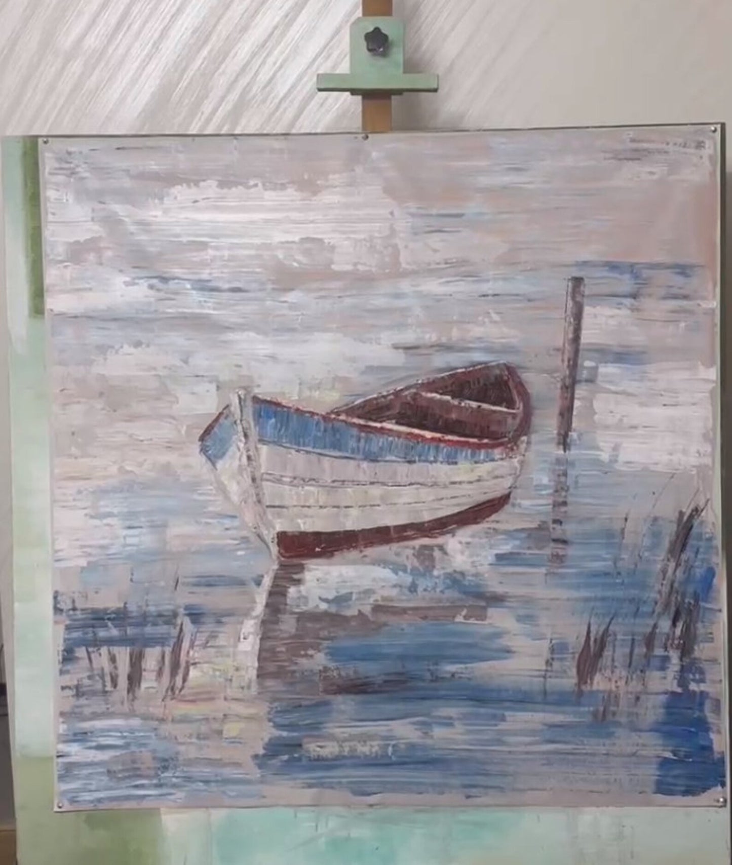 New Original artwork "Blue boat by the sea" hand-painted painting for Home decor - latest creation
