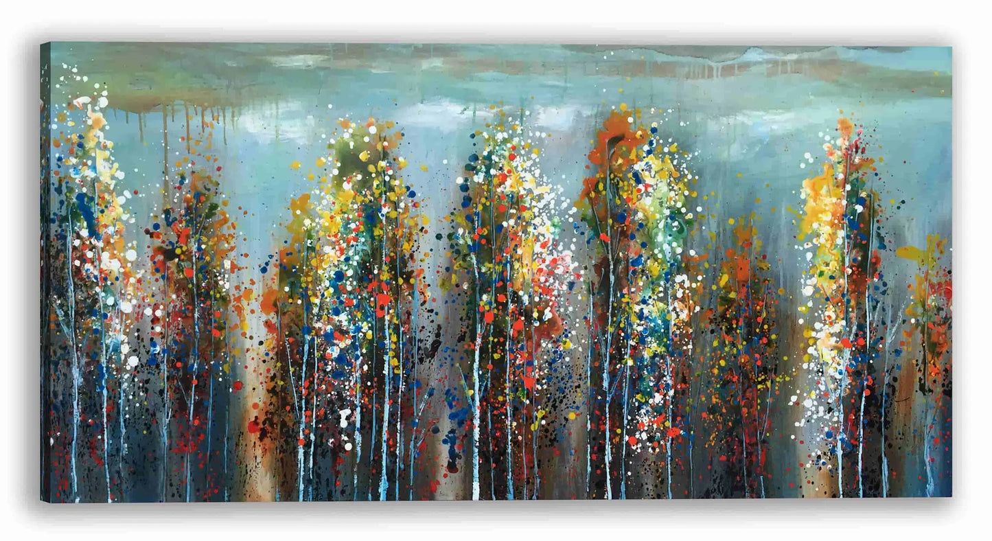 Original abstract oil painting "Autumn Forest in the Distance" hand-painted on canvas wrapped for Home Decor