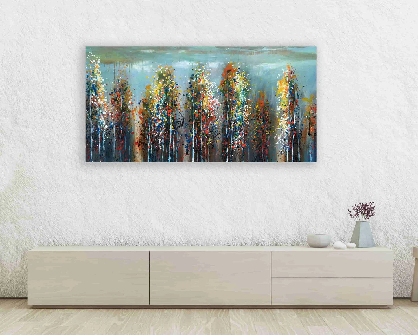 Original abstract oil painting "Autumn Forest in the Distance" hand-painted on canvas wrapped for Home Decor