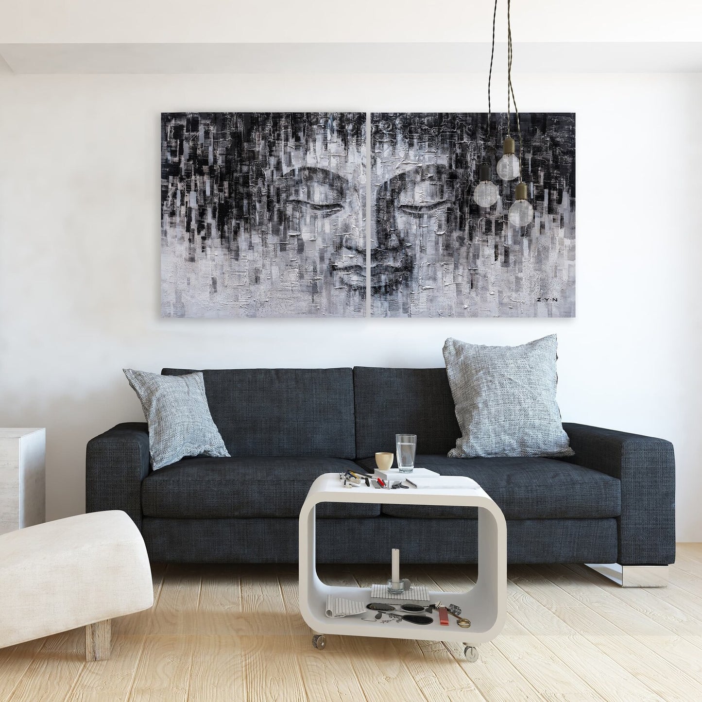 Original art "Whispers of Serenity" - Hand-painted Textured Abstract Buddha Painting, Monochromatic Modern Art, Contemporary Diptych Canvas