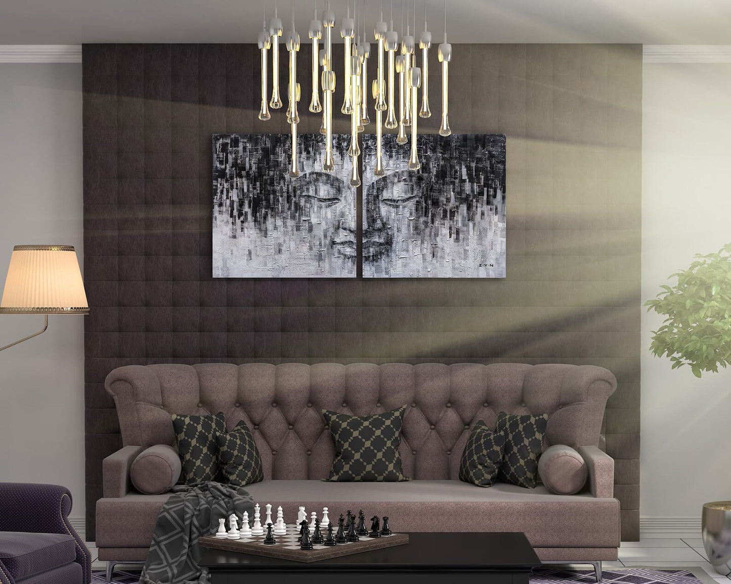 Original art "Whispers of Serenity" - Hand-painted Textured Abstract Buddha Painting, Monochromatic Modern Art, Contemporary Diptych Canvas