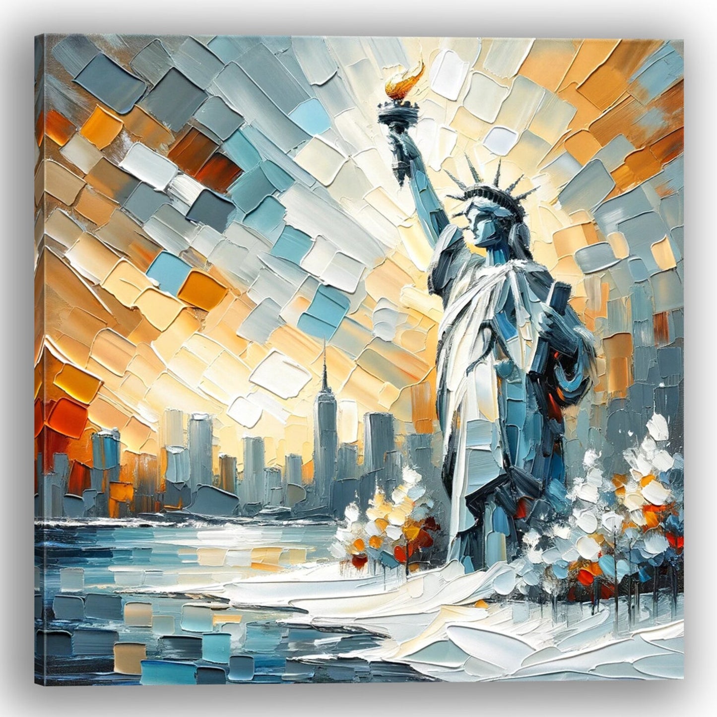 Modern Original New Art - Statue of Liberty & NYC Skyline - 30x30 Inch Textured Oil Painting on Canvas - Urban Home Decor Wall Art