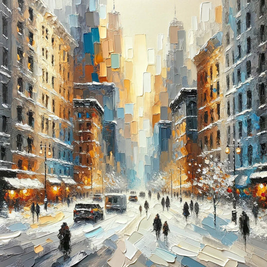 Winter Whisper - Textured Oil Painting of Snowy City Street - 40x40 Inch Canvas - Atmospheric Urban Landscape Wall Art