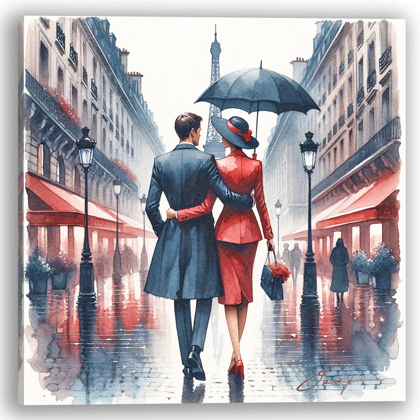 Valentine's Day present ”Parisian Love Stroll“ - Eiffel Tower View - Romantic Couple in Rain - Chic Home Decor - Watercolor print