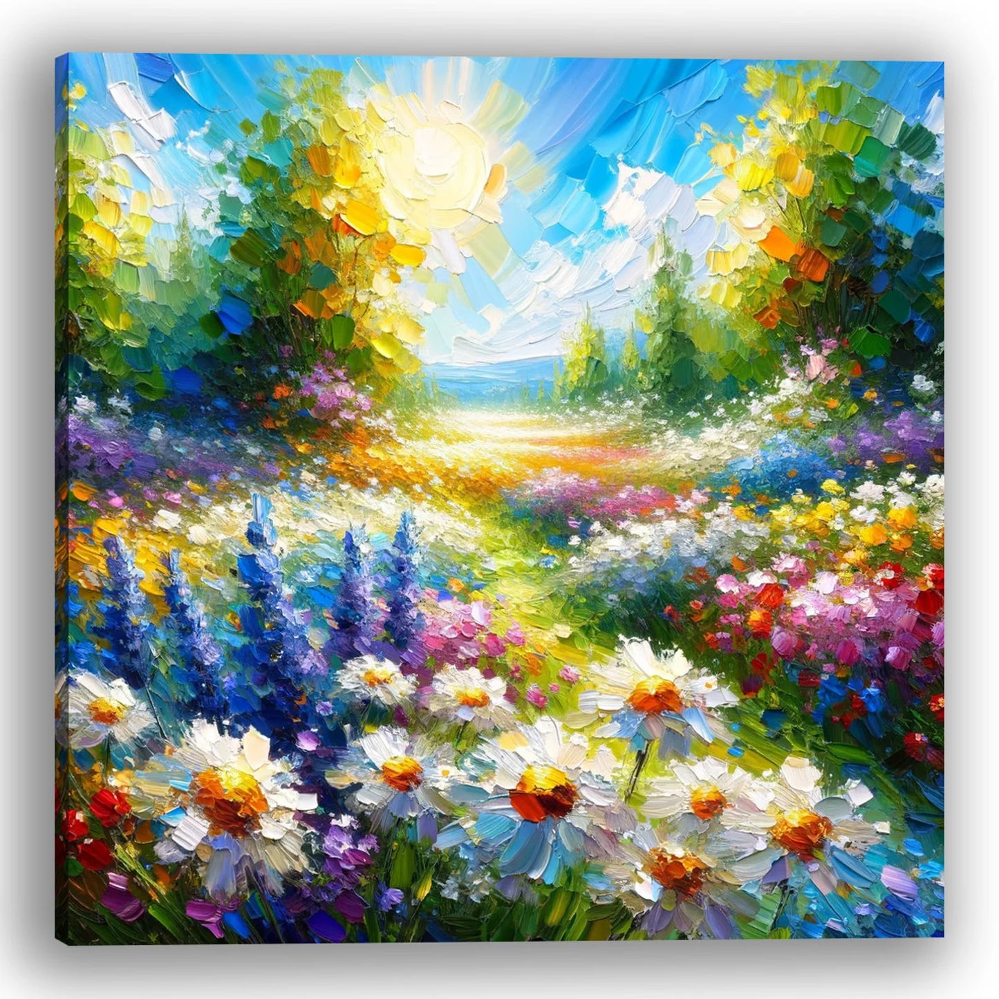 Original hand-painted "Impressionist Meadow Bliss: Textured Oil Painting of Daisies and Lavenders with Clear Blue Sky" - Canvas Wall Art