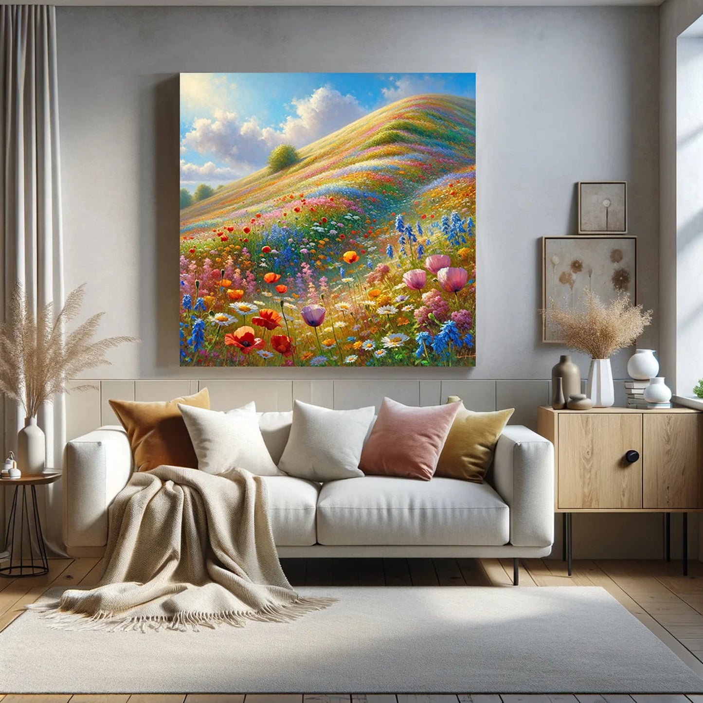 Spring's Palette: Impressionist Wildflower Meadow Oil Painting, Hand-Painted Canvas Art, Vibrant Floral Landscape for Home Decor