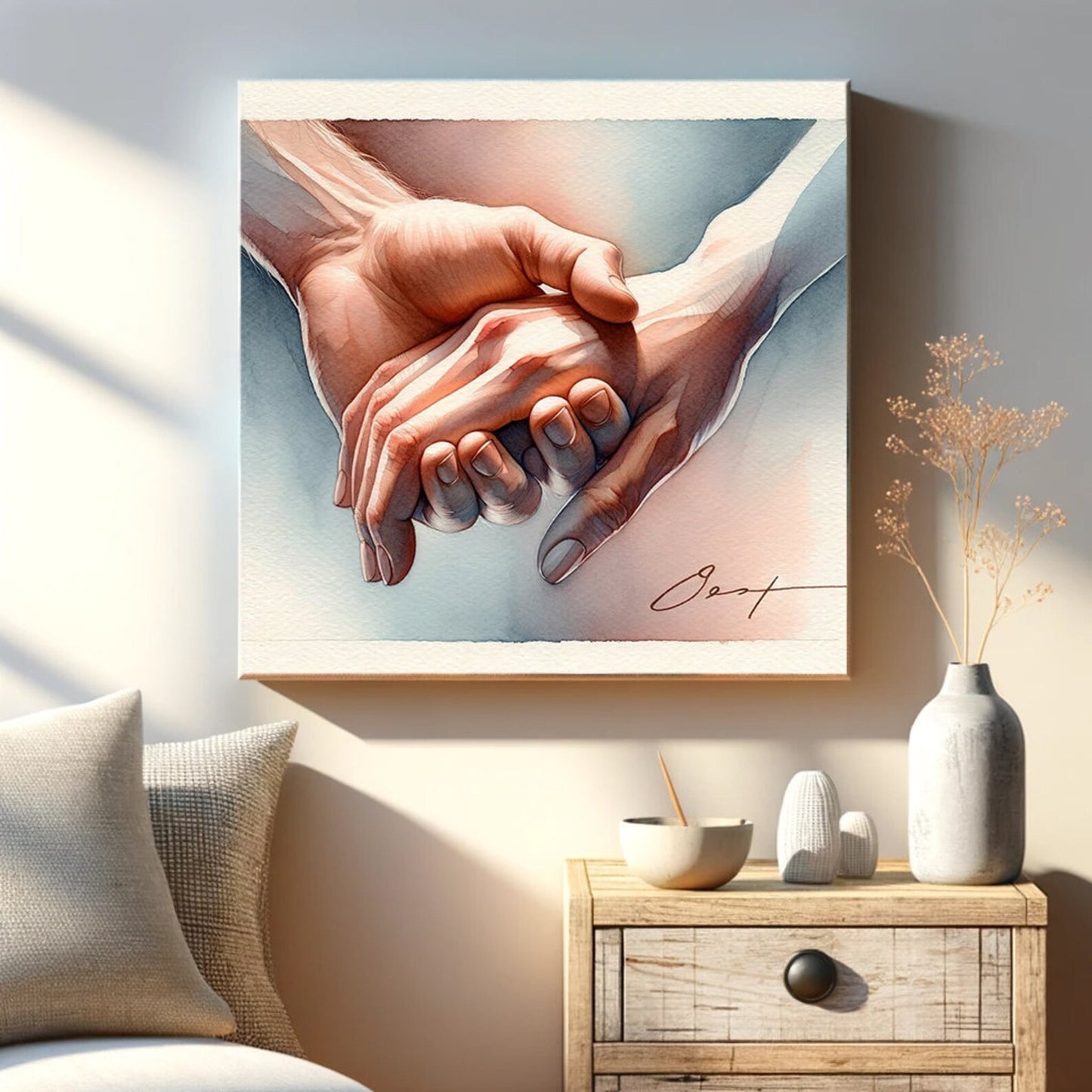 Valentine's Day present “Embrace of Souls” - Watercolor Canvas Print - Romantic Hand-Holding Art - Intimate Couple Gift