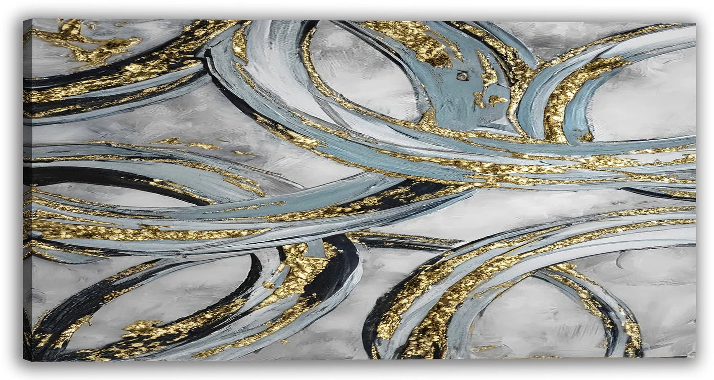 Golden Swirls: Luxurious Abstract Art in Blue and Gold - Large Size Original Hand-Painted Canvas for Elegant Home Decor