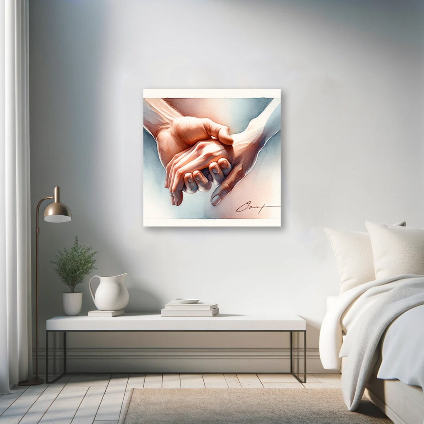 Valentine's Day present “Embrace of Souls” - Watercolor Canvas Print - Romantic Hand-Holding Art - Intimate Couple Gift