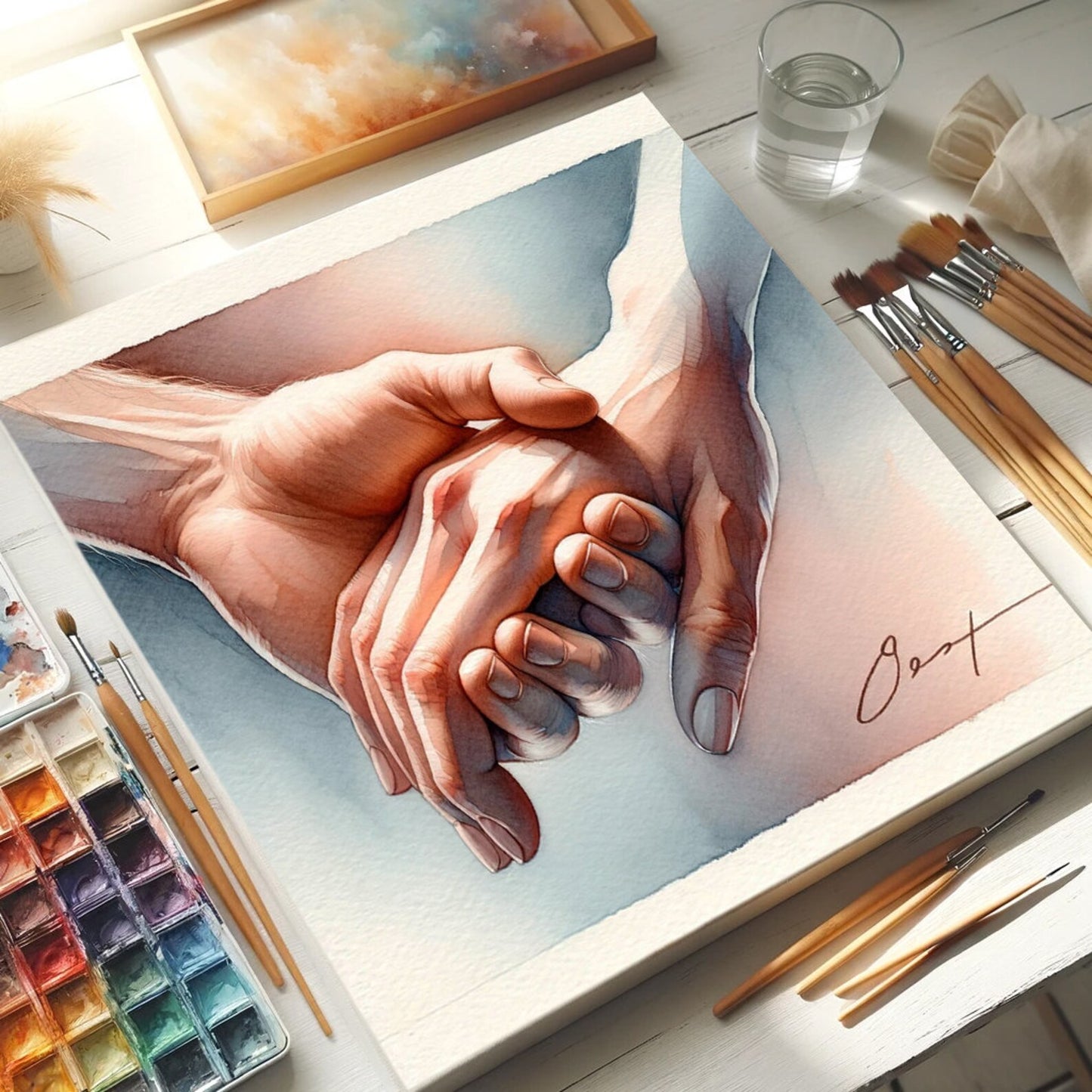 Valentine's Day present “Embrace of Souls” - Watercolor Canvas Print - Romantic Hand-Holding Art - Intimate Couple Gift