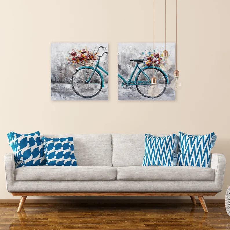 Hand-painted oil painting "Romantic bicycle" Abstract original Art, Canvas wall Art 2pcs set - Wrapped Canvas Painting