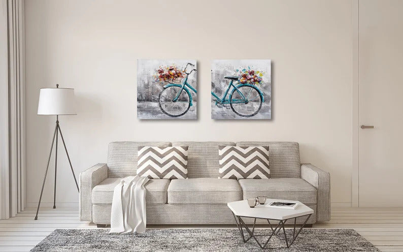 Hand-painted oil painting "Romantic bicycle" Abstract original Art, Canvas wall Art 2pcs set - Wrapped Canvas Painting