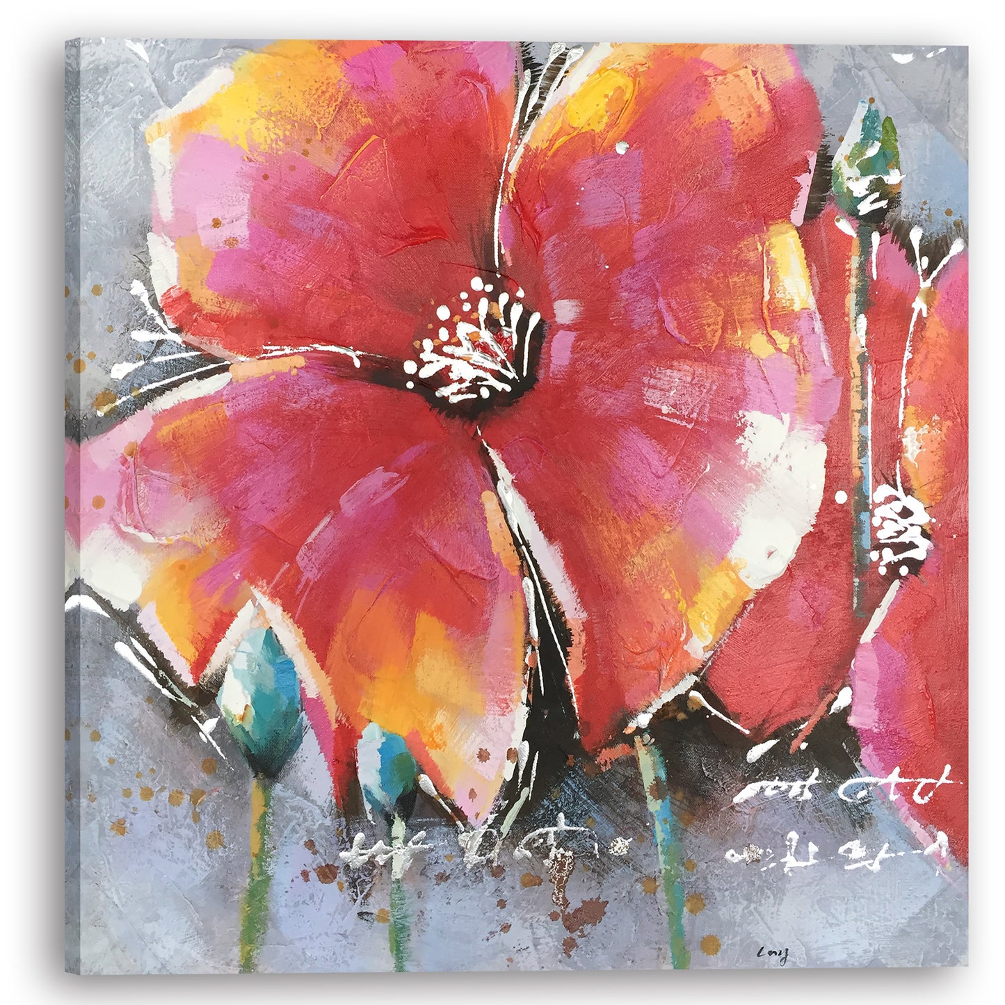 "Red Lotus Flowers" Hand Painted on Wrapped Canvas