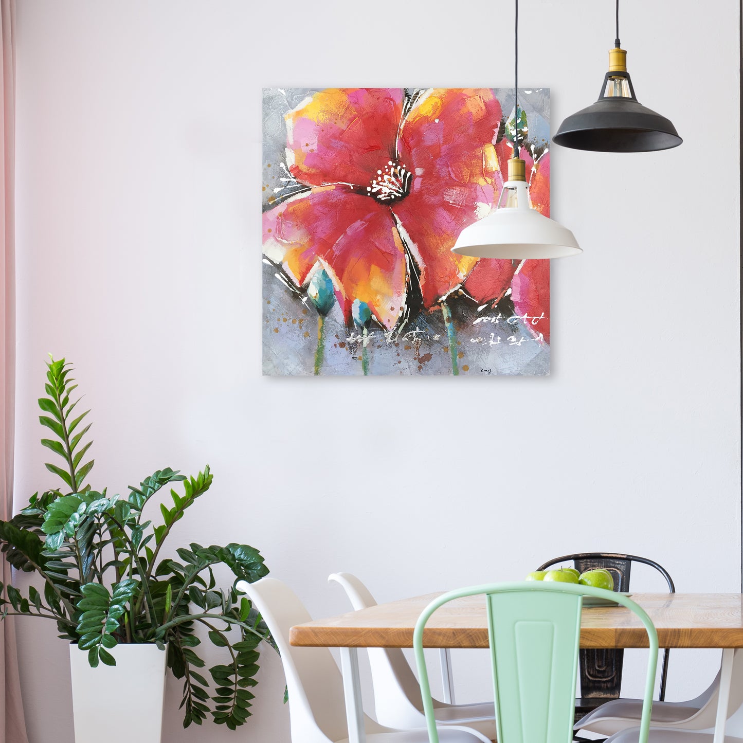 "Red Lotus Flowers" Hand Painted on Wrapped Canvas