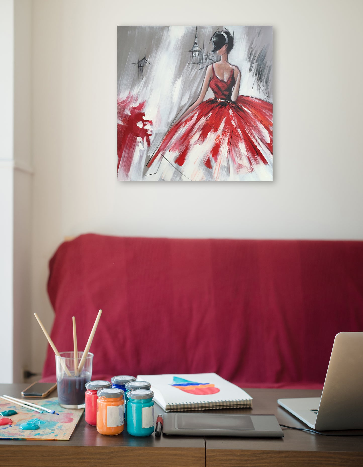 "Girl in Red Dress" Hand Painted on Wrapped Canvas