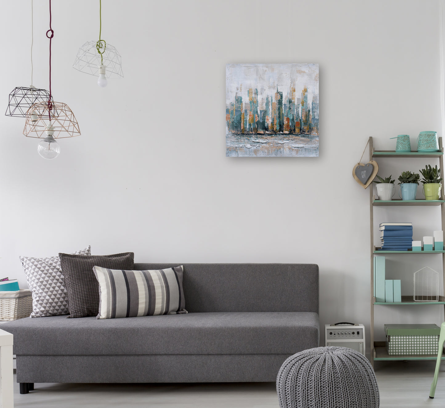 Hand-painted Art "Metropolis by the Sea" Painting on canvas original, Wall art for living room, bedroom, office - Wrapped Canvas Painting