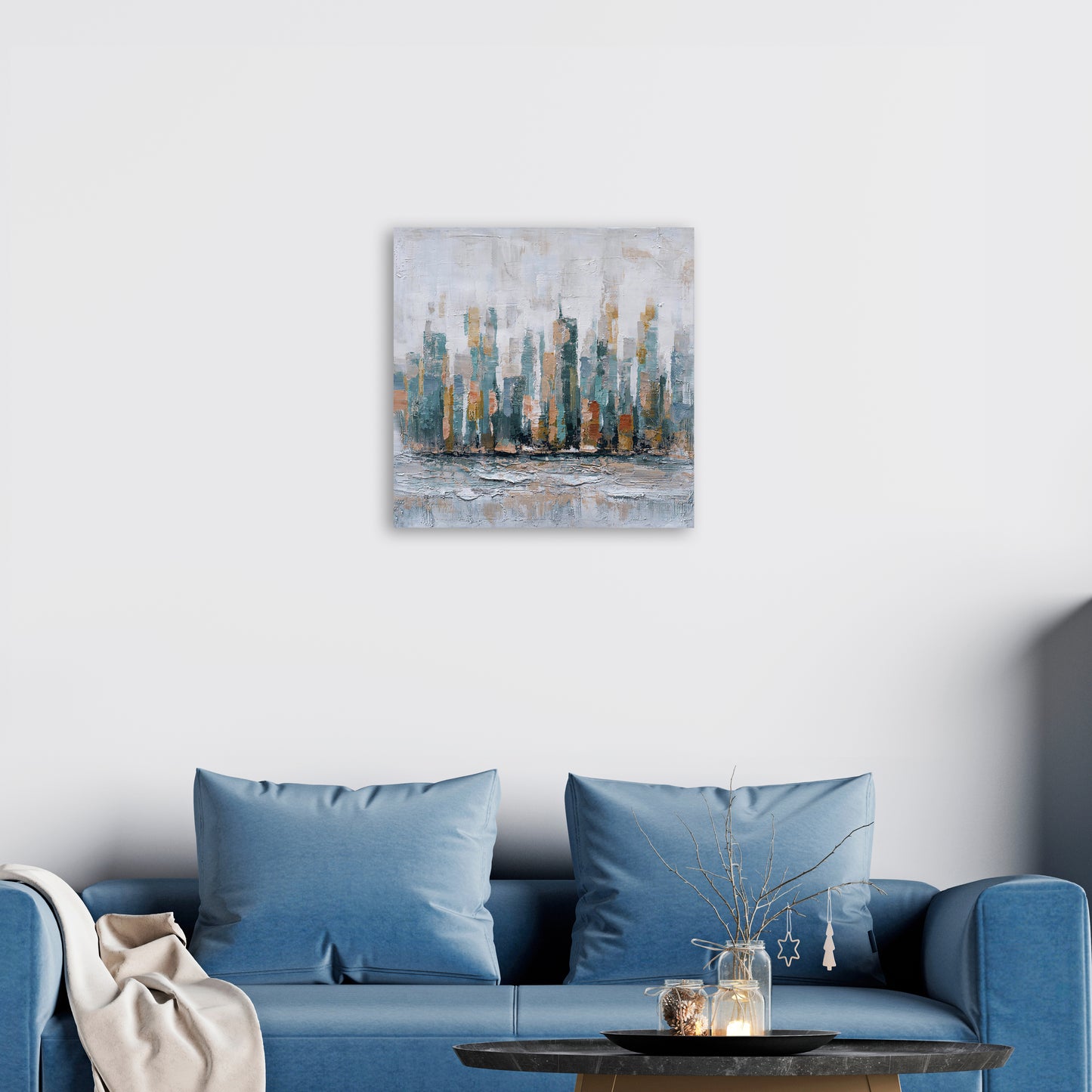 Hand-painted Art "Metropolis by the Sea" Painting on canvas original, Wall art for living room, bedroom, office - Wrapped Canvas Painting