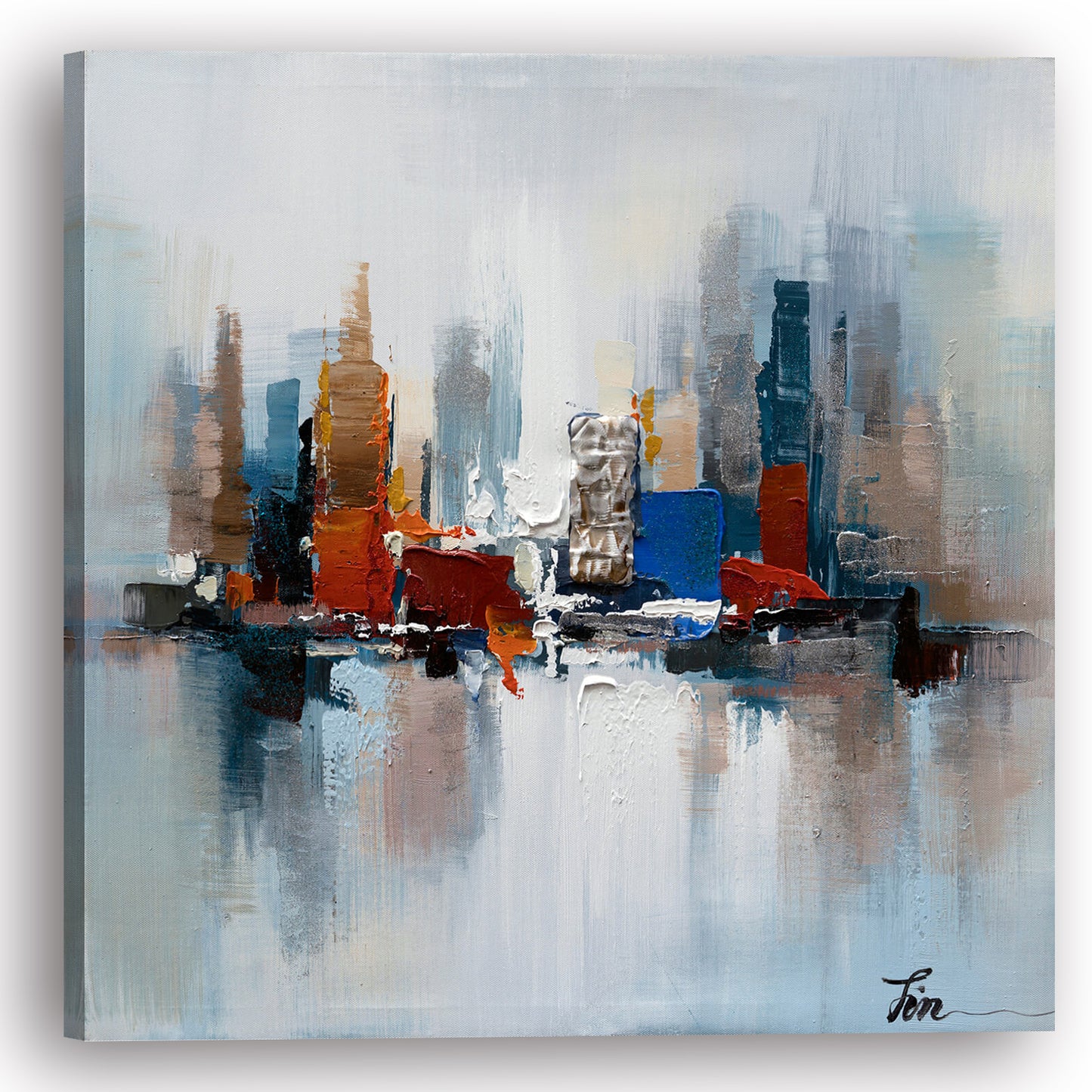 Hand-painted "Blue Reflections of Manhattan" oil painting original art, Canvas Wall art - Wrapped Canvas Painting