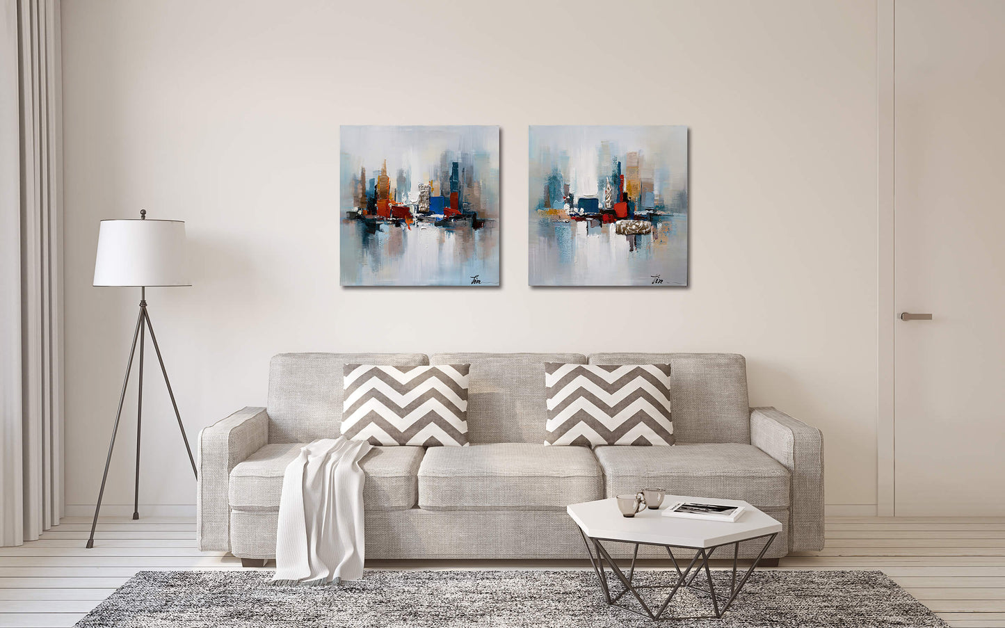 Hand-painted "Blue Reflections of Manhattan" oil painting original art, Canvas Wall art - Wrapped Canvas Painting