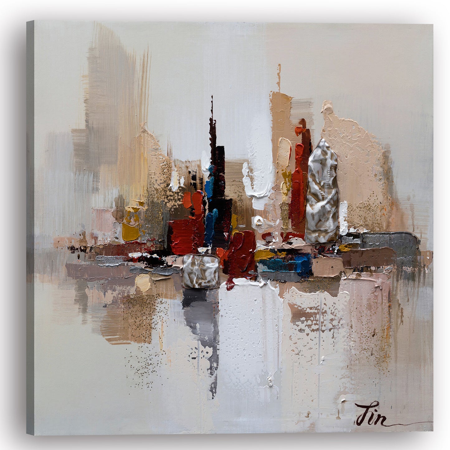 Hand-painted "Manhattan Reflections" painting on canvas original art, Wall art for living room, bedroom, office - Wrapped Canvas Painting