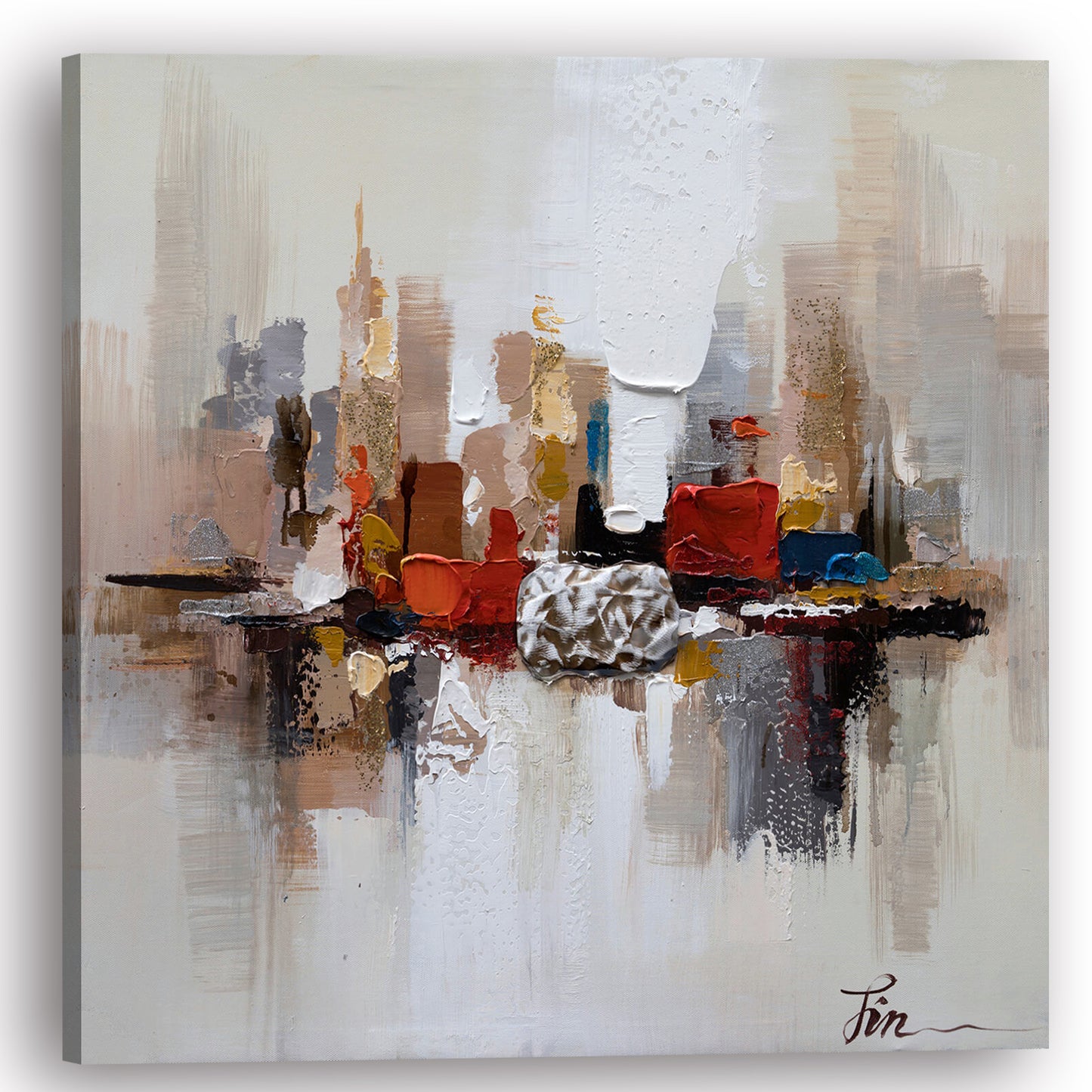 Hand-painted Abstract Art "City by the Sea" painting original, Canvas Wall art for living room, bedroom, office - Wrapped Canvas Painting