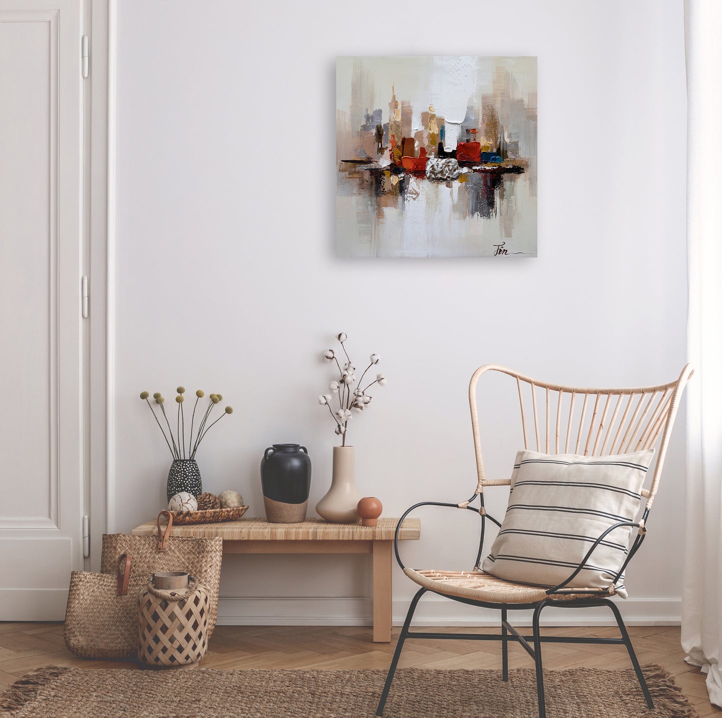 Hand-painted Abstract Art "City by the Sea" painting original, Canvas Wall art for living room, bedroom, office - Wrapped Canvas Painting