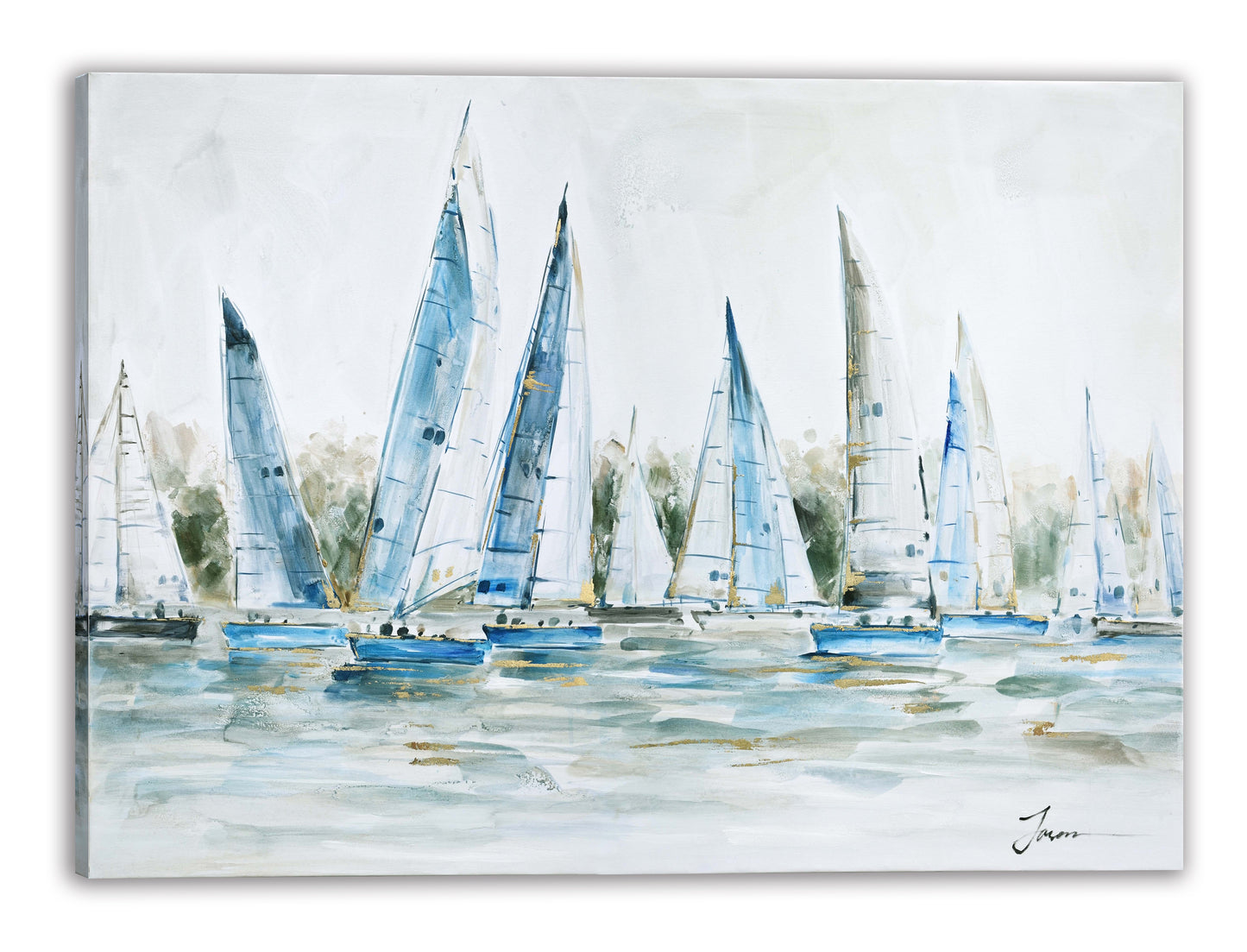 Gleaming Summer Blue Ships Oil Painting on Wrapped Canvas. wall art, canvas artwork for living room, bedroom, office