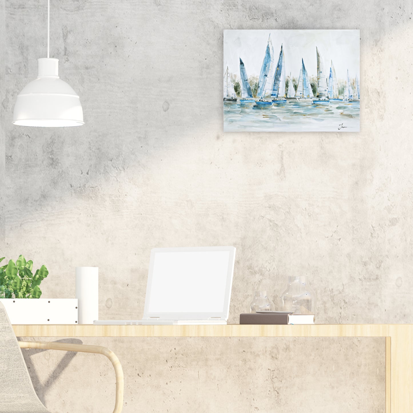 Gleaming Summer Blue Ships Oil Painting on Wrapped Canvas. wall art, canvas artwork for living room, bedroom, office