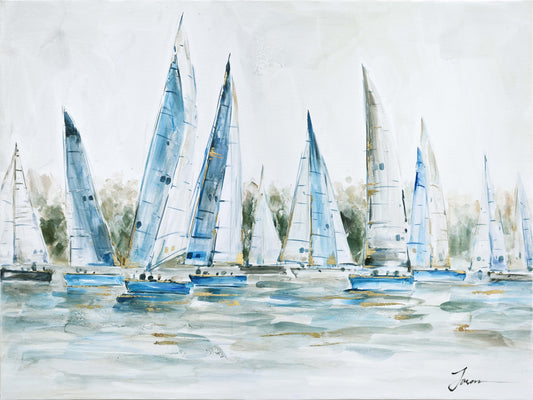 Gleaming Summer Blue Ships Oil Painting on Wrapped Canvas.  wall art, canvas artwork for living room, bedroom, office