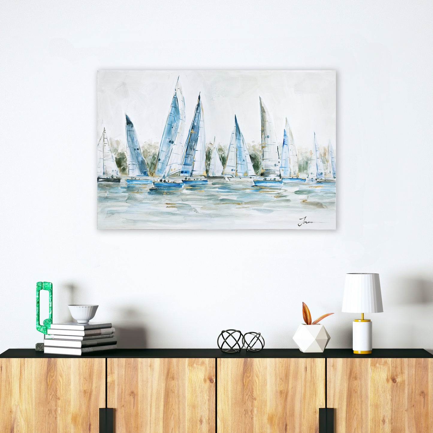 Gleaming Summer Blue Ships Oil Painting on Wrapped Canvas. wall art, canvas artwork for living room, bedroom, office