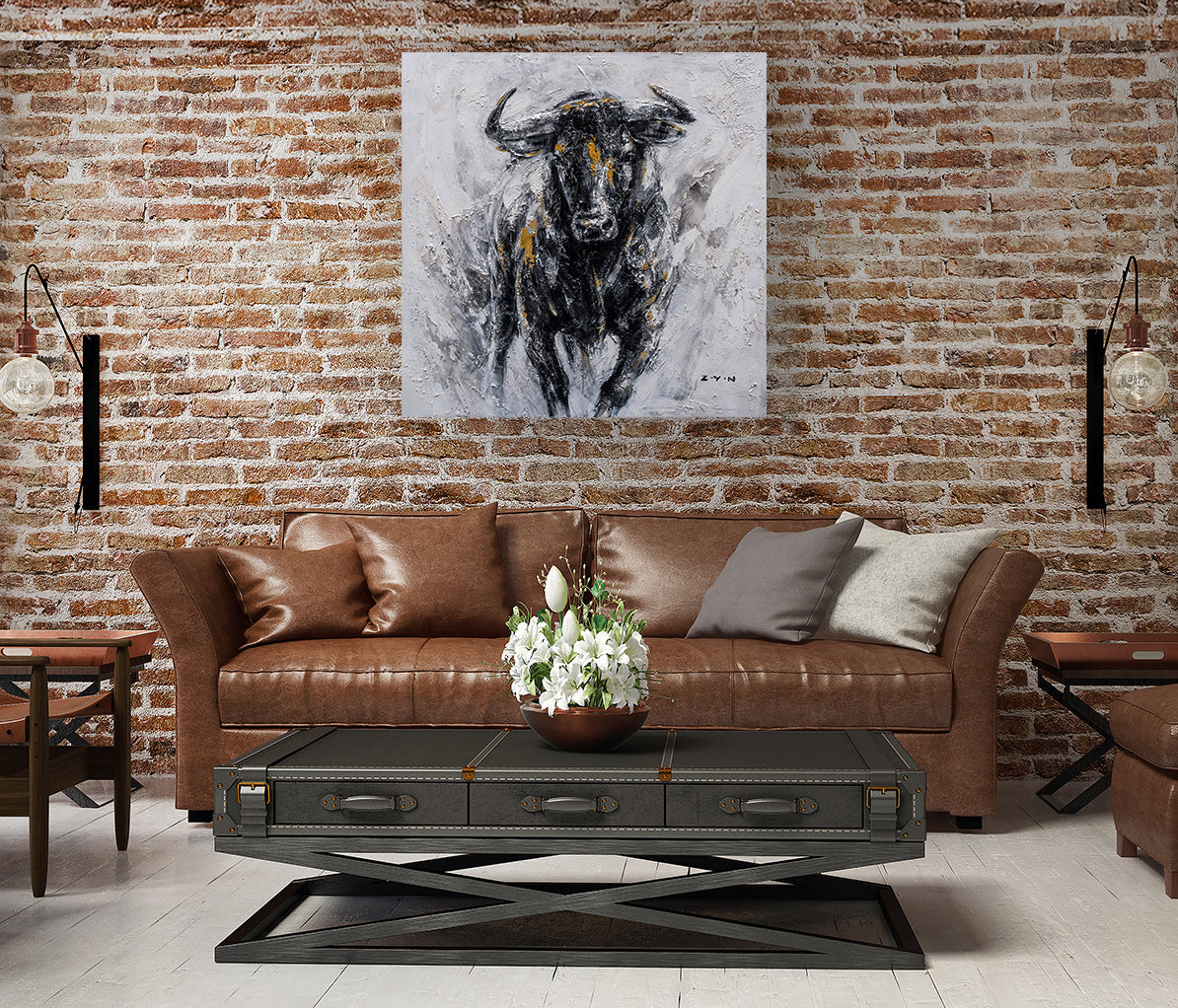 "Fearless Bull Oil Painting" Hand Painted On Wrapped Canvas
