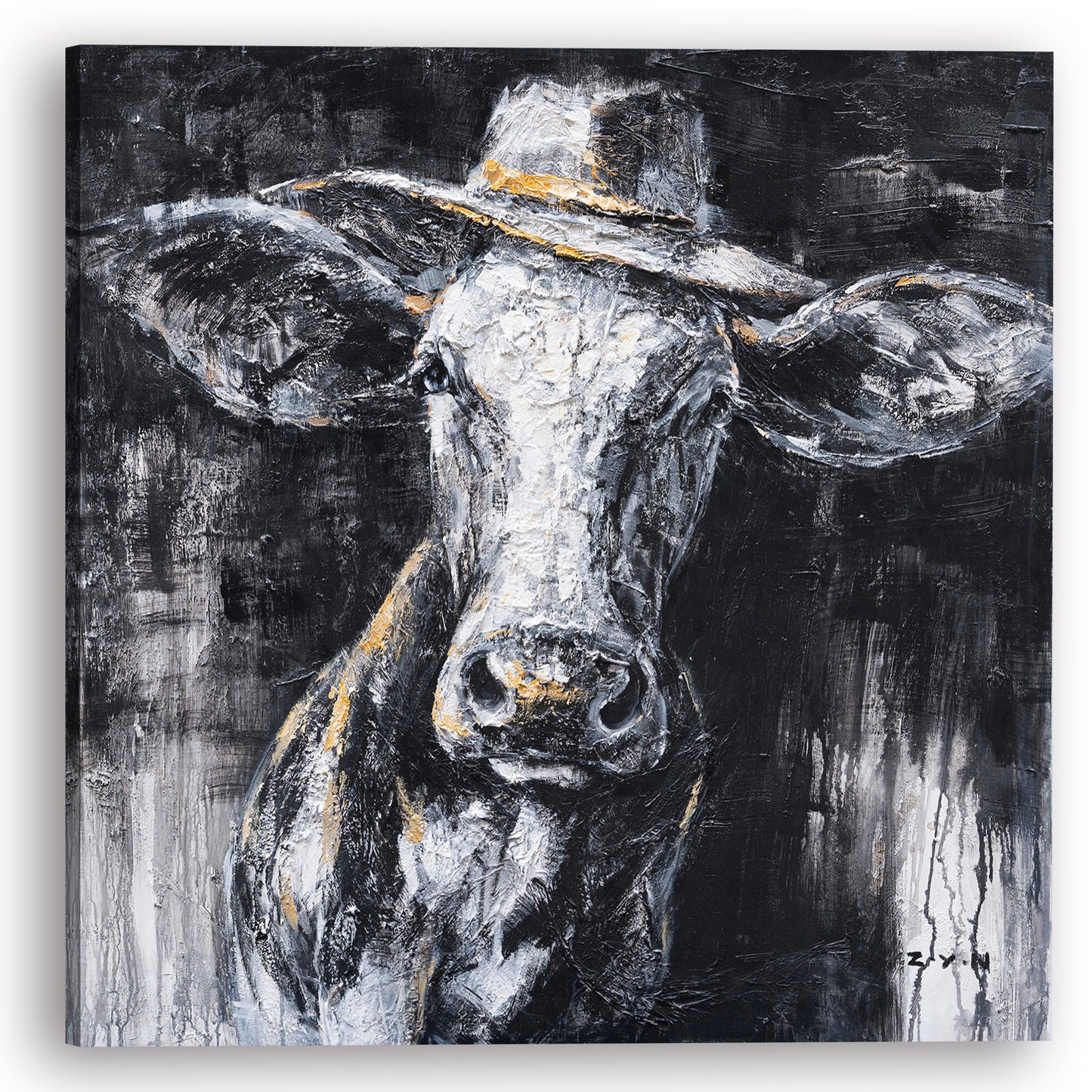 "Cow Wearing a Hat Oil Painting" Hand Painted on Wrapped Canvas