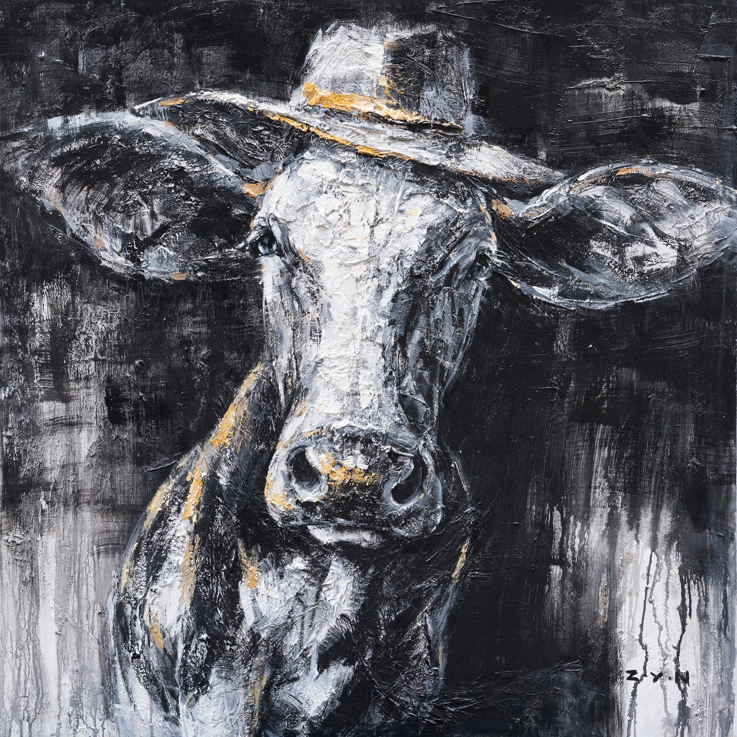 "Cow Wearing a Hat Oil Painting" Hand Painted on Wrapped Canvas