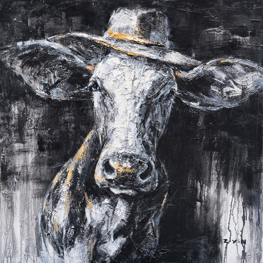 "Cow Wearing a Hat Oil Painting" Hand Painted on Wrapped Canvas