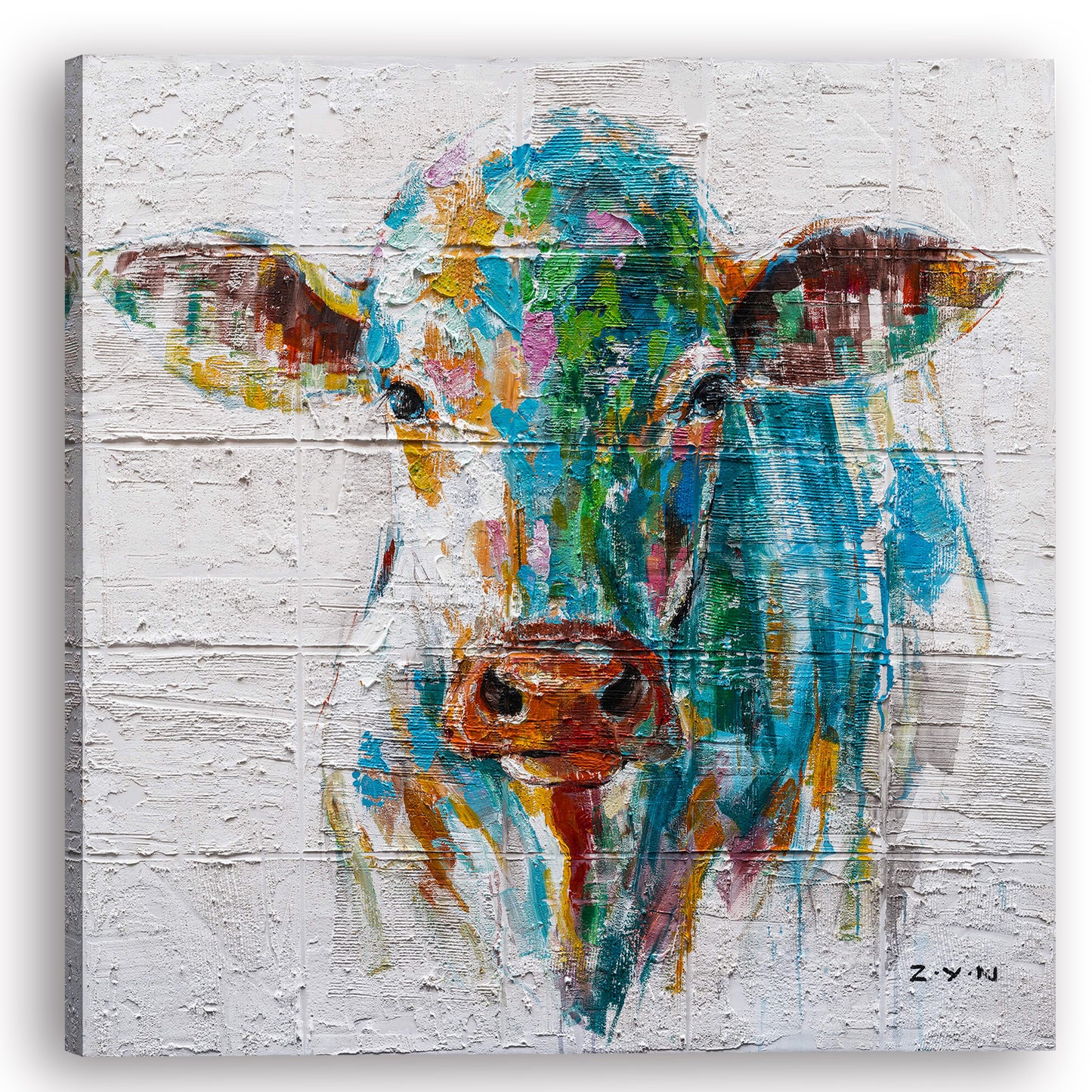 "Colorful Cow Oil Painting " Hand Painted on Wrapped Canvas