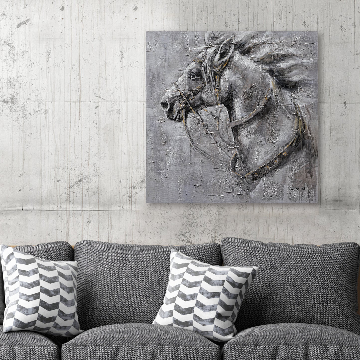 Hand-painted art "An Iron Horse" Oil Painting on Wrapped Canvas