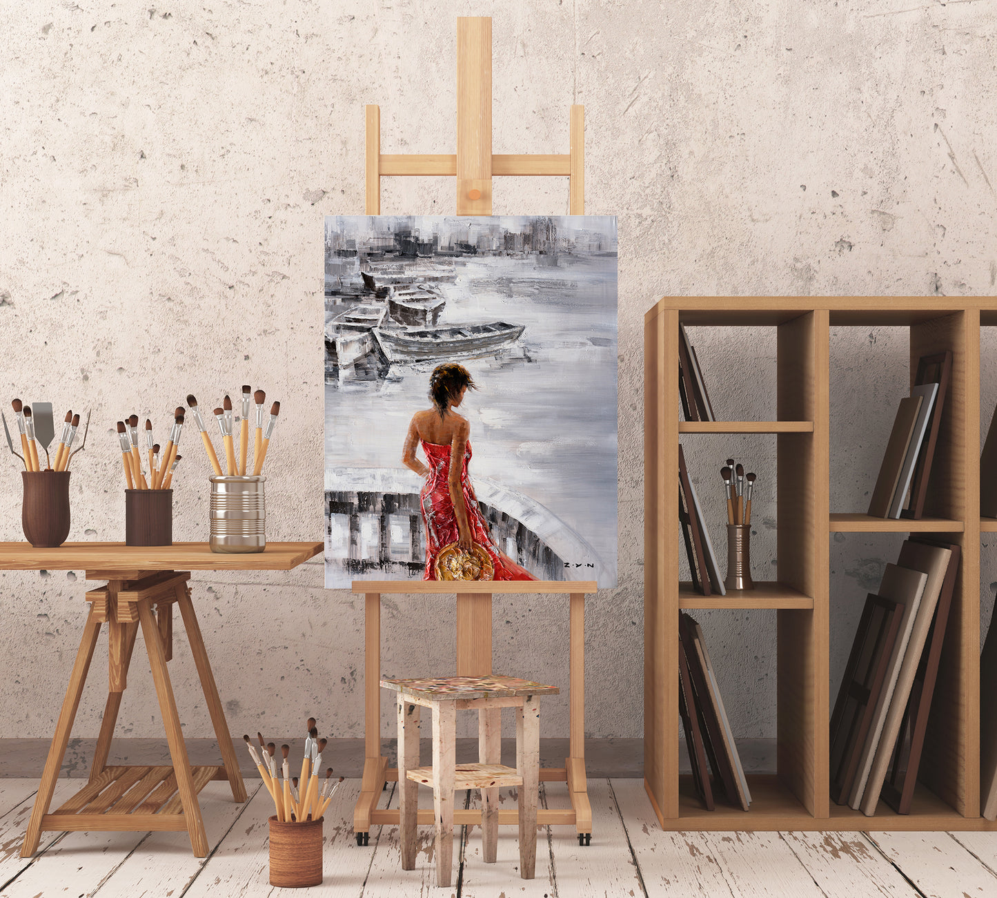 Original art "Solitude in Harbor” Hand-painted painting, Canvas Wall art home decor