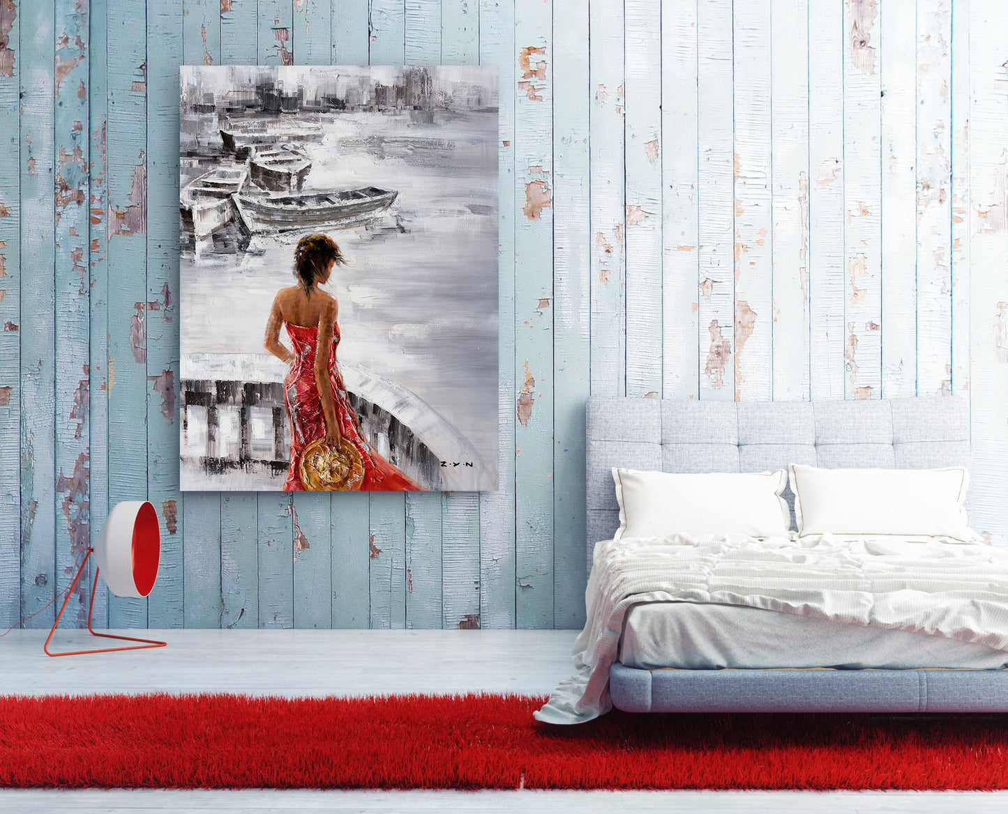 Original art "Solitude in Harbor” Hand-painted painting, Canvas Wall art home decor