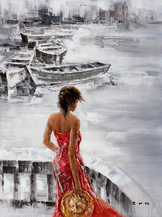 Original art "Solitude in Harbor” Hand-painted painting, Canvas Wall art home decor