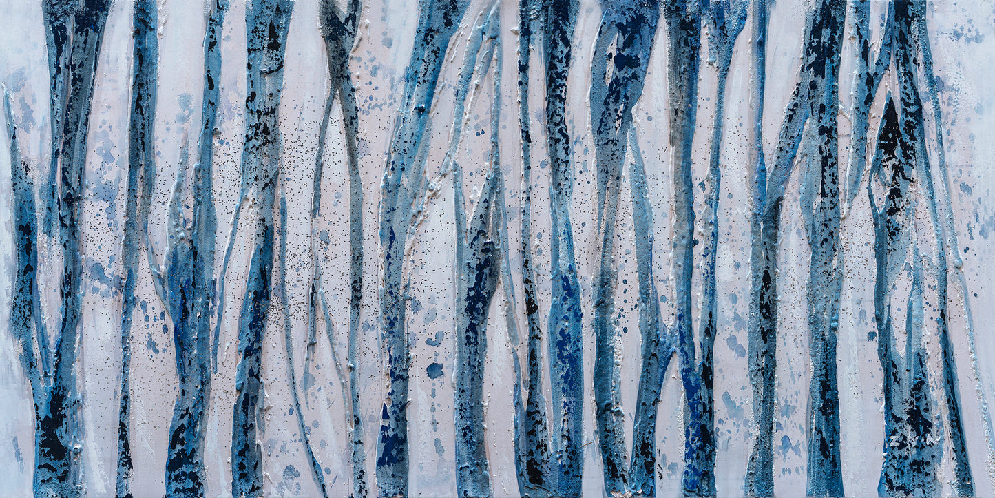 "Blue Bamboo Abstract" Hand Painted on Wrapped Canvas