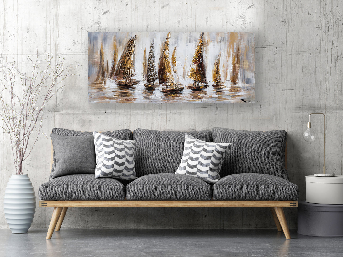 "Gold Sail Boats" Hand Painted on Wrapped Canvas