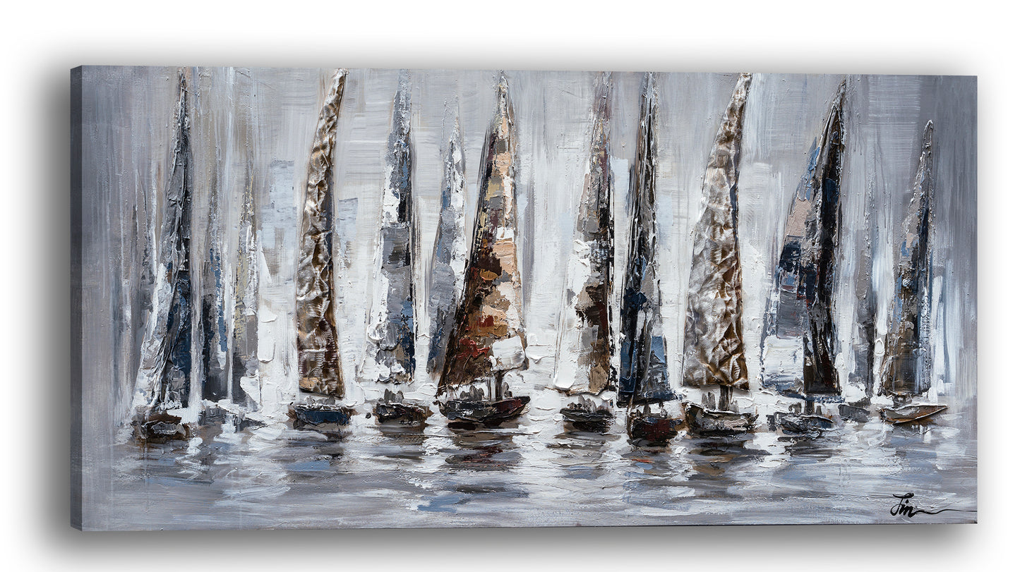 "Gray Sail Boats" Hand Painted on Wrapped Canvas
